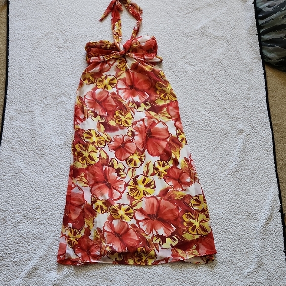 Xhilaration Dresses & Skirts - Xhilaration Red and Yellow Floral Halter Midi Dress Sz Small Island Girl Luau